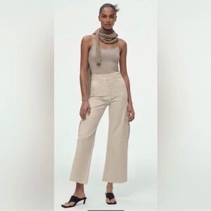 Zara marine cut off raw hem cropped khaki tan cargo wide leg pants 0